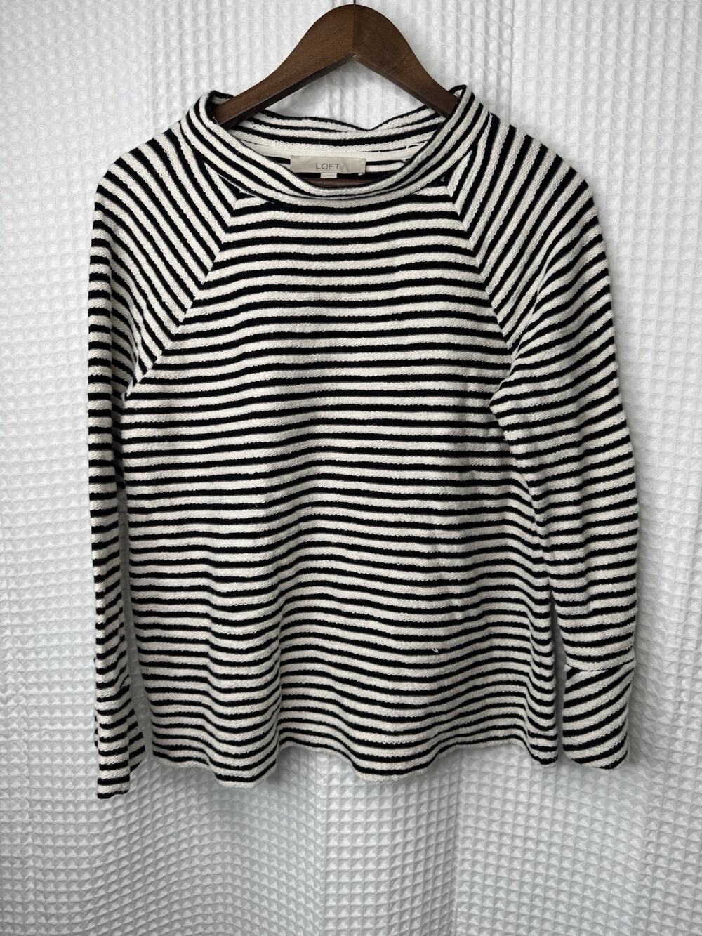 LOFT Women’s S Black Ivory Striped Cowl Neck Textured Knit Sweater